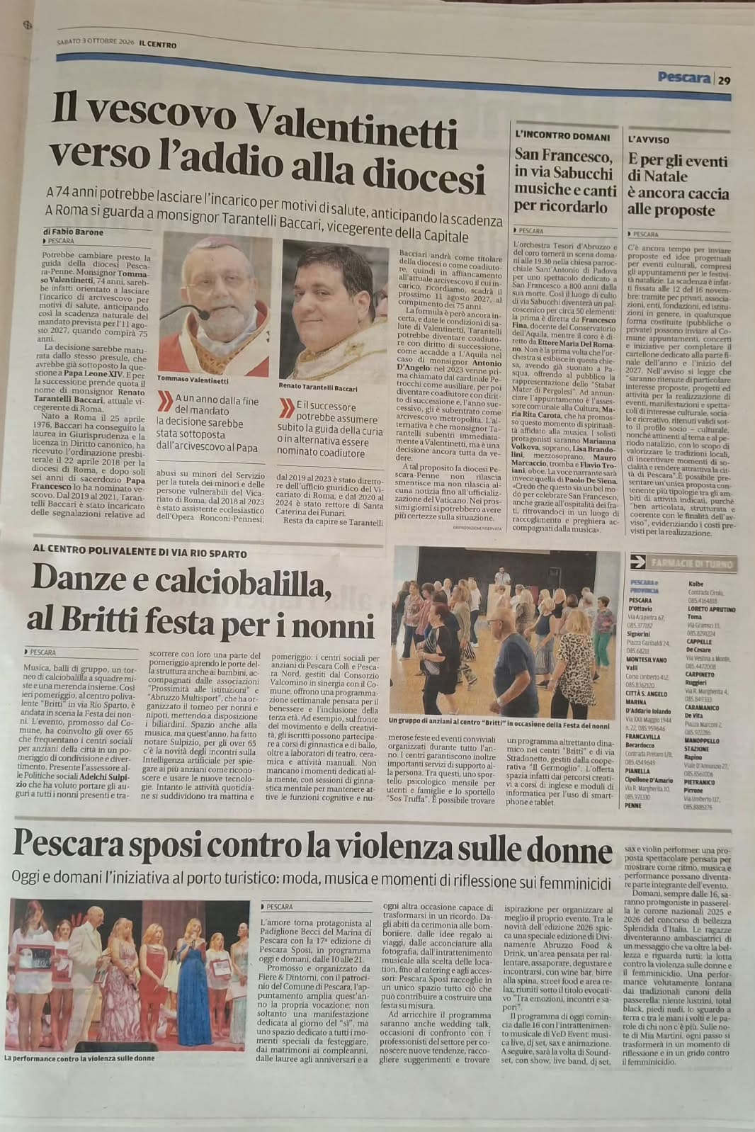 Articolo Pescara sposi contro la violenza sulle donne, Il Centro, 3 ottobre 2026